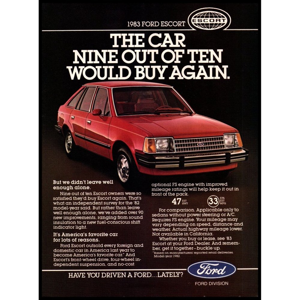 1983 Ford Escort Sedan Vintage Print Ad Red Compact Car 80s Wall Art